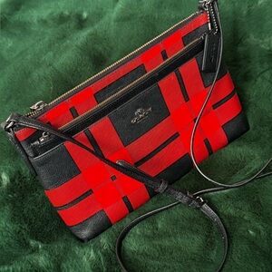 Coach Leather Crossbody Bag in Buffalo Plaid Print, Red & Black